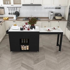 74.8 in Kitchen Island with Extendable Dining Table Marble Veneer Top