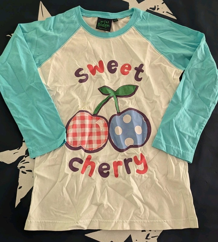 nwot Mini Boden Girls 11-12Y Raglan Crewneck Cherry Graphic L/S T-Shirt - NEW