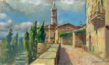 Dipinto Olio Paesaggio Toscana Pienza  Giacomo Vaccaro cm 25 x 15
