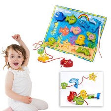 Wooden 4-in-1 Fishing Game Stacking Blocks Lacing Beads Pattern Shape Match V6F9