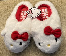 New Sanrio Hello Kitty White Red Bows Plush Stuffed Slippers Kids Size 2/3