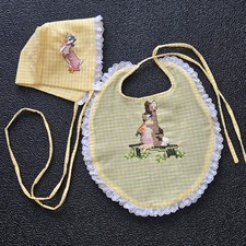 Handmade Vtg Baby Bib Cross Stitch Bib Bonnet Eyelet Lace Trim Bunny Goose Easte