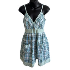 SUGAR 17 Womens Dress Large L Babydoll Retro Blue Plaid Sleeveless Straps Pocket