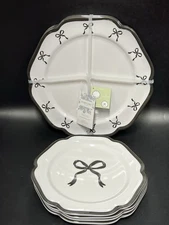8 Pc Black Bows on White Melamine Dinner & Salad Plates Shabby Chic