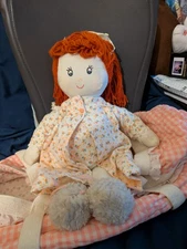 Vintage Soft Body Rag Doll Dark Orange Yarn Hair Comes w/Bassinet