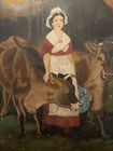 ANTIQUE COUNTRY FARM PRIMITIVE FOLK ART DAIRY COWS GIRL OIL PAINTING WOOD FRAME — photo 4
