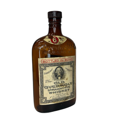 Vintage 1 Pint Old Overholt Straight Rye Whiskey Bottle, Bottled in Bond