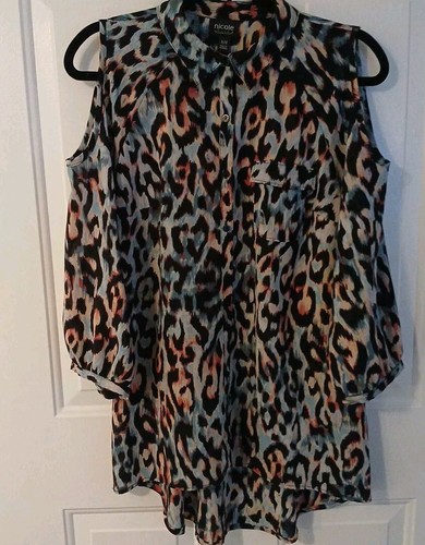 NICOLE By NICOLE MILLER Designer Hi-Lo Leopard Print Blouse Cold Shoulder Top M