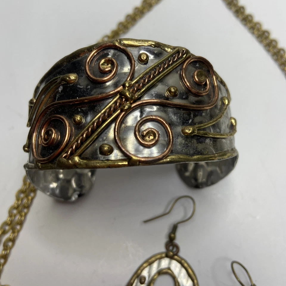 "Plata Cobre Latón Artesanal Brazalete Collar Pendientes Grande Piedra Jade 30""" Foto 4 de 4