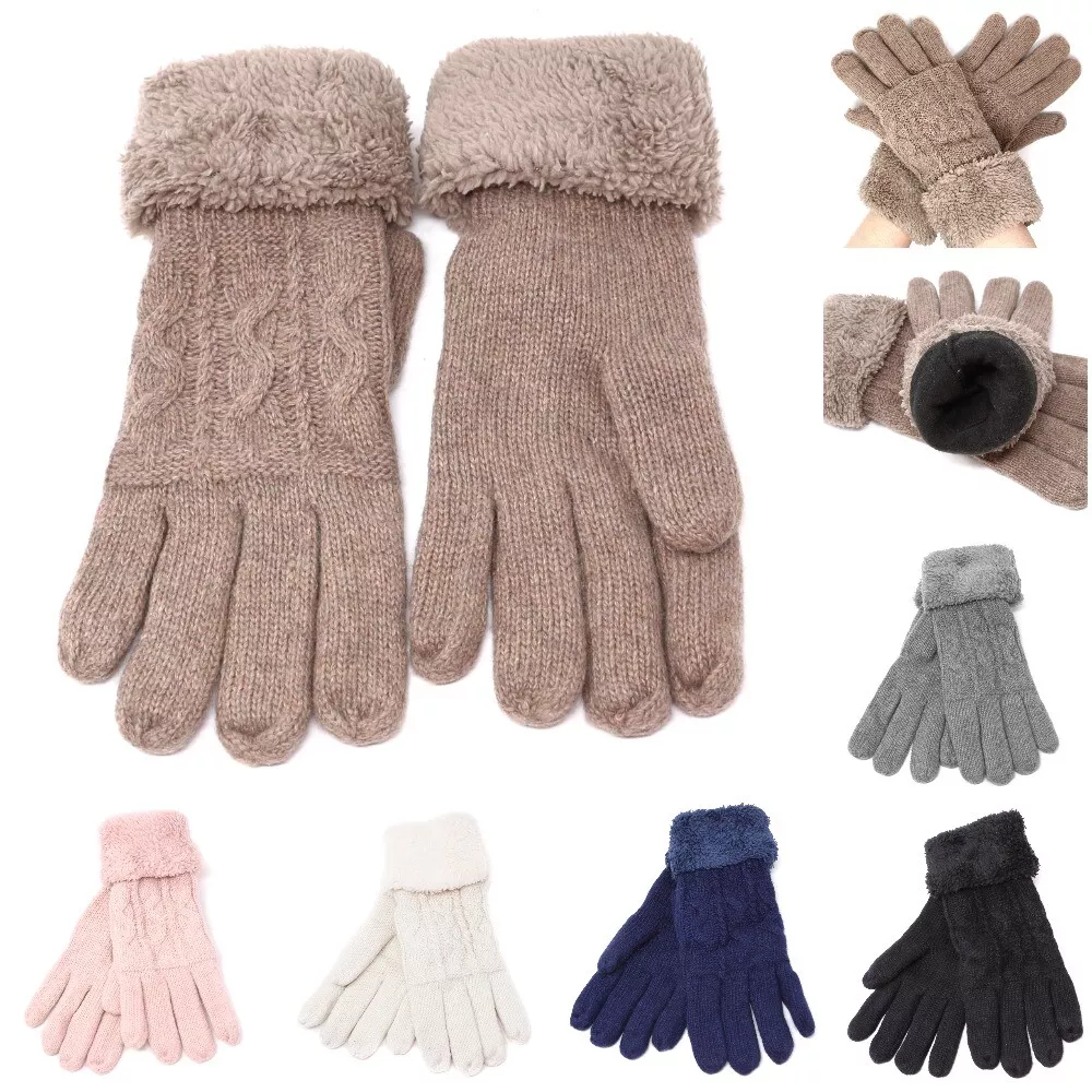 Women's Knit Winter Wool Gloves w/ Fur lining Thermal Insulated Warm Gloves