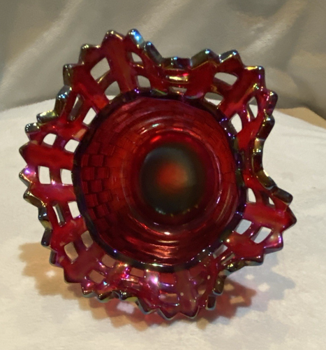 Vtg Fenton Ruby raspberry Opalescent Open Lace Ruffled Edge Basket Weave Bowl - Picture 4 of 13