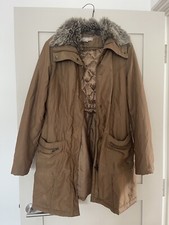 Sizem Women’s Long Brown Parka Coat - Fur Collar, Zip & Button, Adjustable Waist
