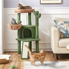 Image of Cactus Cat Tree, Cute Cat Tower for Indoor Cats, Multi-level Cat Condo w/ Basket