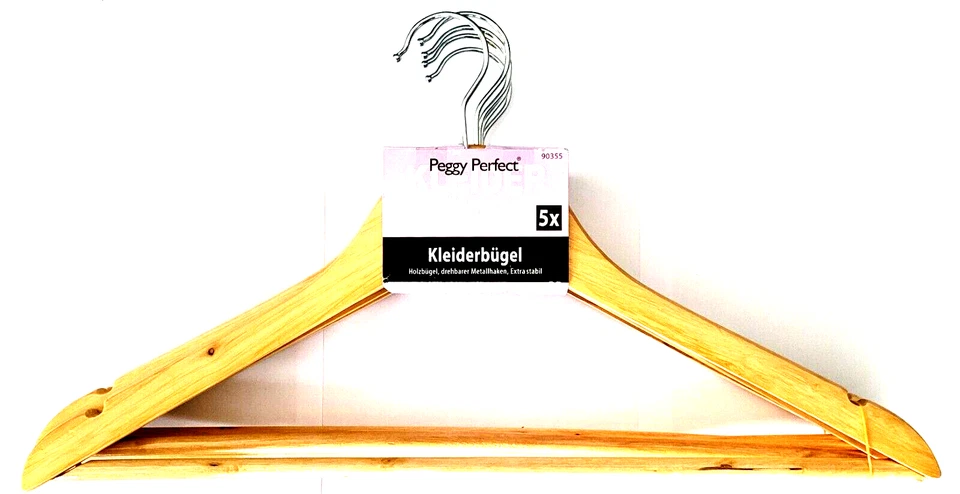 Holz-Kleiderbügel mit Steg natur Peggy Perfect drehbarer Metallhaken 5er Pack