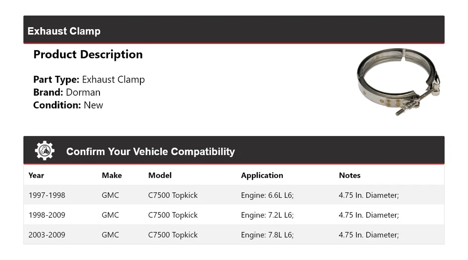 Abrazadera de escape Topkick Dorman para GMC C7500 1997-2009 1998 1999 2000 2001 2002 Foto 2 de 4