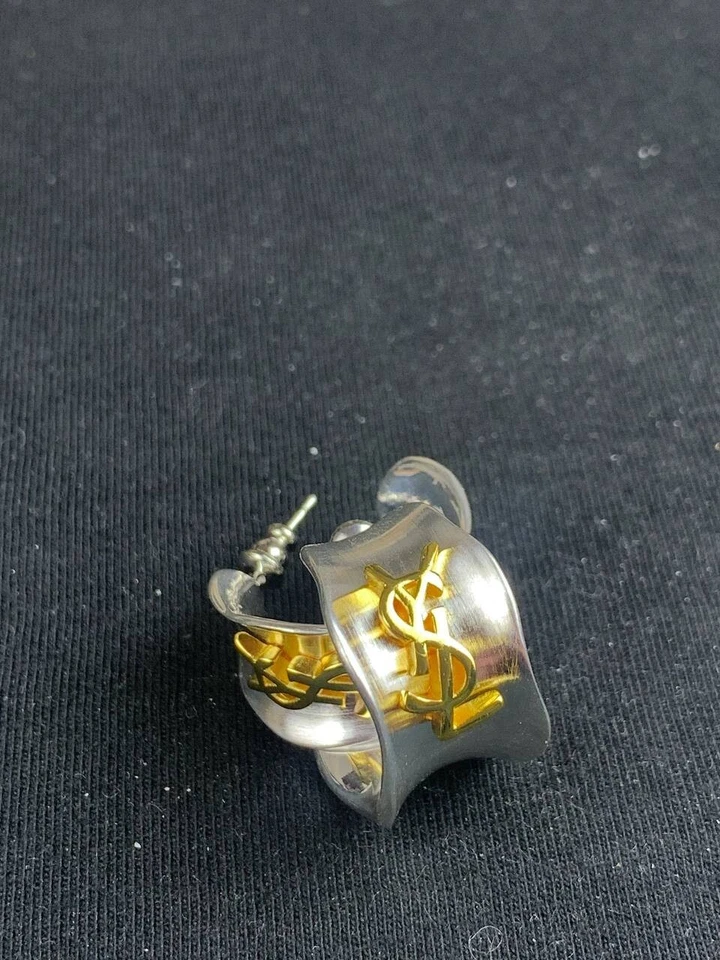 Yves Saint Laurent YSL Logo Two-Tone Gold Monogram Hoop Earrings - Image 3 of 4