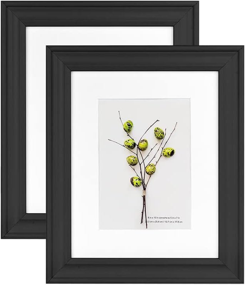 8X10 Picture Frames Black, 2 Pack, Display Picture 5X7 with Mat, Wooden Photo Fr-image