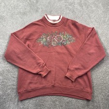 Vintage Morning Sun Flowers Crewneck Sweatshirt Size L Burgundy Red US made 90's