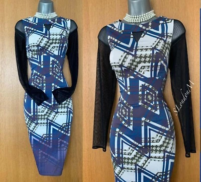 Karen Millen UK 10 Geometrisch Aufdruck Lang Netz Ärmel Stretch Formell - Bild 1 von 4