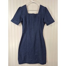 Mikarose Denim Sheath Dress Blue Square Neck Puff Sleeve Modest Mini Small