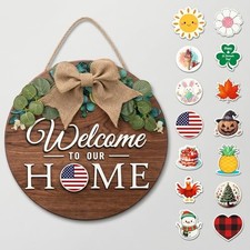 Interchangeable Seasonal Welcome Door Sign Front Door, Rustic Round Wreaths Wall