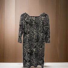 Lord & Taylor 100% Wool Leopard Print Sweater Dress Gray Black M Midi NWOT
