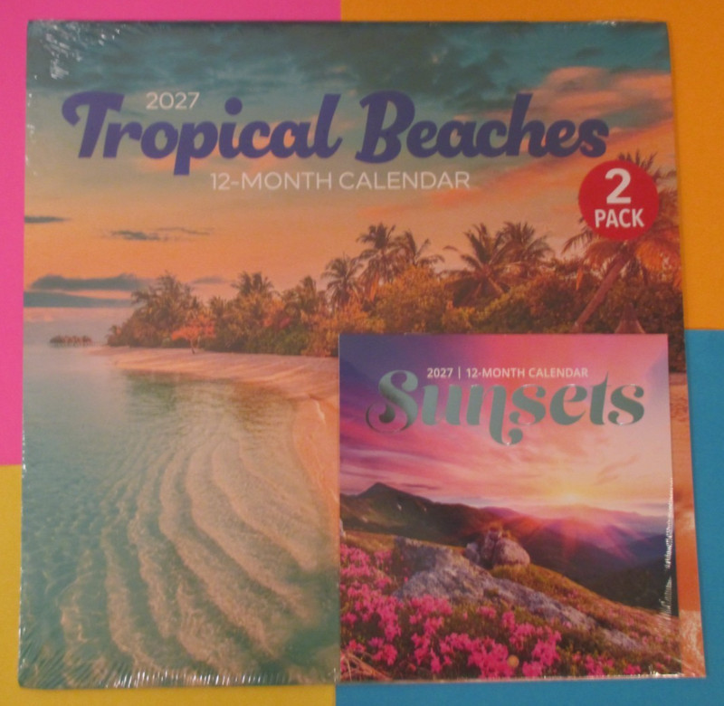 2-PACK  - 2027 MONTHLY WALL CALENDAR 12X24" TROPICAL BEACHEs  &6X6" MINI Sunsets