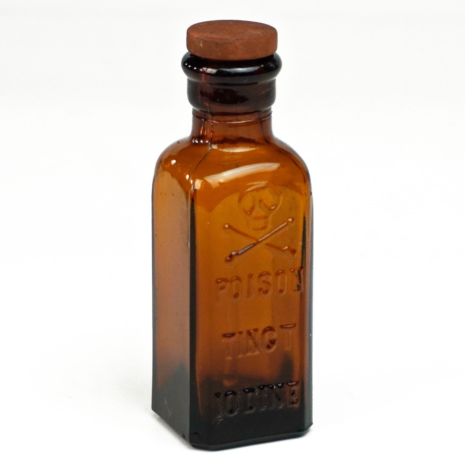 Antique Amber Glass Skull & Crossbones Tincture Iodine Dropper Bottle