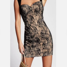 Guess S/L Lace Dress w/ Velvet Contra, Jet Black Multi,Size 4, 100% New with Tag