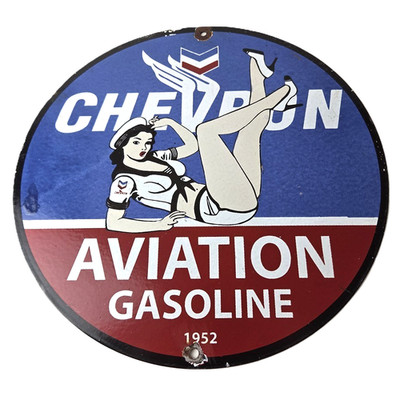 Vintage Chevron Gasoline Sign - Aviation Gas Motor Oil Auto Pump Porcelain Sign