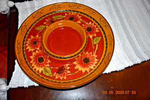 Vintage Hand Painted PIER 1 IMPORTS SUNFLOWER TERRACOTTA CHIP N DIP TRAY