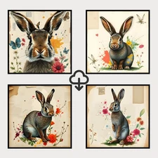 Set 4 Realistic Digital Wall Art Print Rabbit Home Decor Printable Instant #106