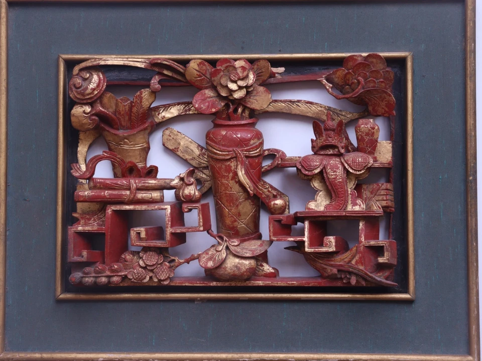 Painel de madeira antigo chinês esculpido e dourado dourado com ornamentos naturais 16,6"" - Imagem 2 de 4