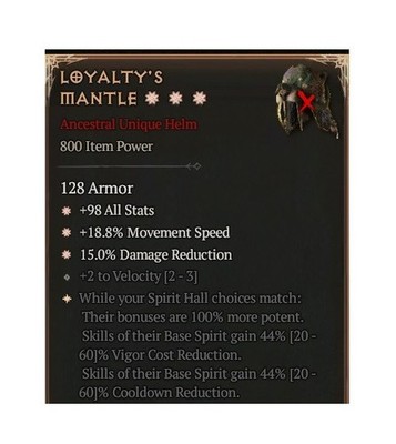 Diablo 4 Eternal Loyalty's Mantle 3GA 44% Unique Helm Spiritborn Gear Equipment