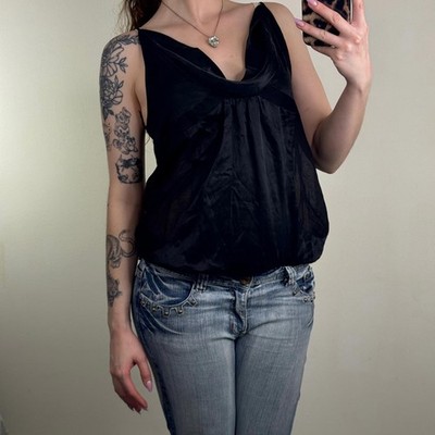 Y2K Vintage DKNY 100% Seide Trägertop Schößchen Wasserfallausschnitt Träger