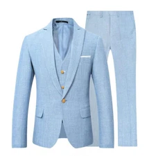Blue Men's Linen Suit 3 Piece Summer Casual Party Groom Tuxedo Wedding Custom