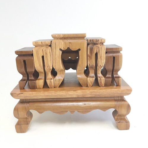 Set Altare Thai Teak Legno Buddha Amuleto Mini Adorazione 9 Tavoli Fatto a Mano Bellissimo - Foto 10 di 10