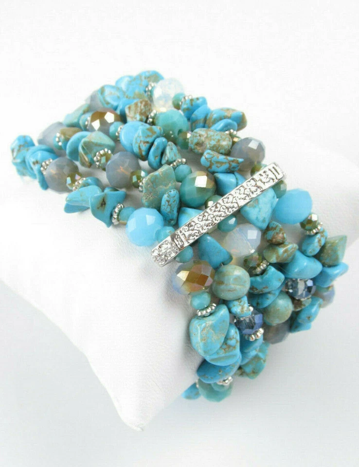 Brazalete M. Haskell Turquesa Cuentas Ancho Elástico Tono Plateado NUEVO Foto 3 de 4