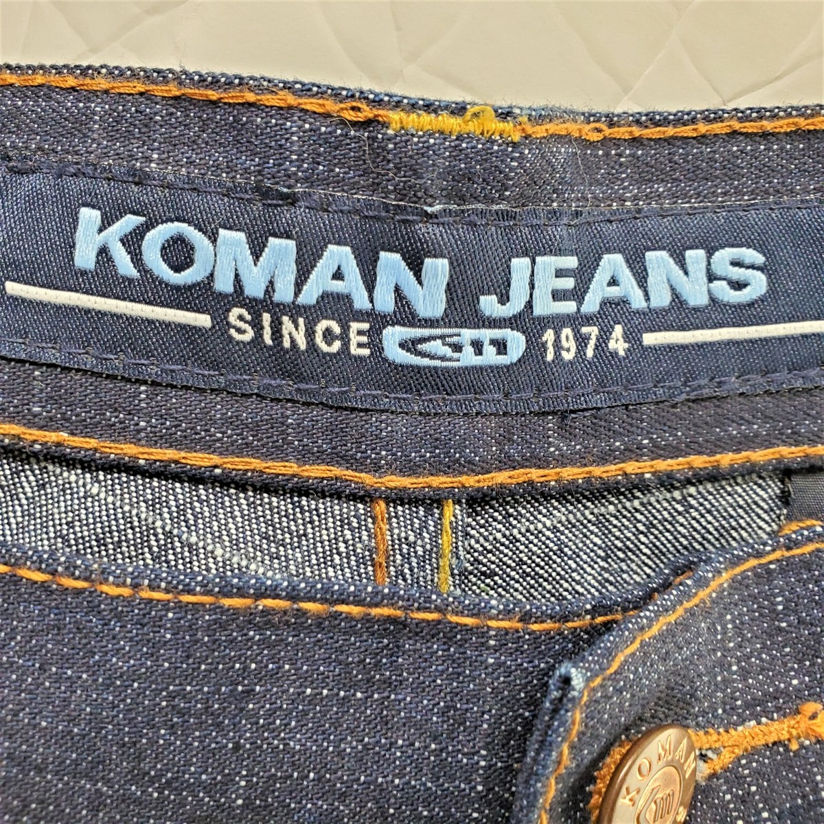 Koman Mens Jeans Sz W36/L32 Dark Denim w/Yellow Stitching 5 Pocket 