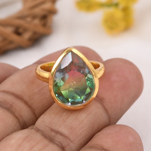 Multi Tourmaline Quartz Pear Cut Gemstone Ring Gold Plated Engagement Ring Gift - Picture 7 of 12