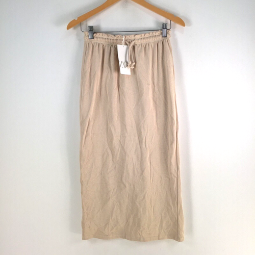 NEW Zara skirt womens S beige maxi straight stretch cotton drawstring 105091