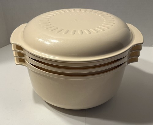 Vtg Tupperware Microwave Stack Almond 4 Piece Cooking Set 1 Qt, 13/4 Qt, 3 Qt