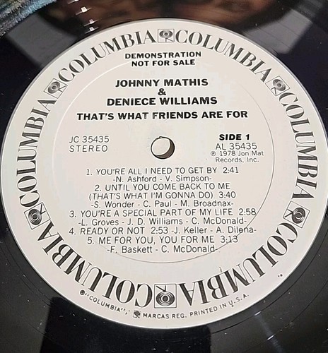 Johnny Mathis & Deniece Williams That's What Friends Are For Vinyl LP Promo Copy - Picture 2 of 7