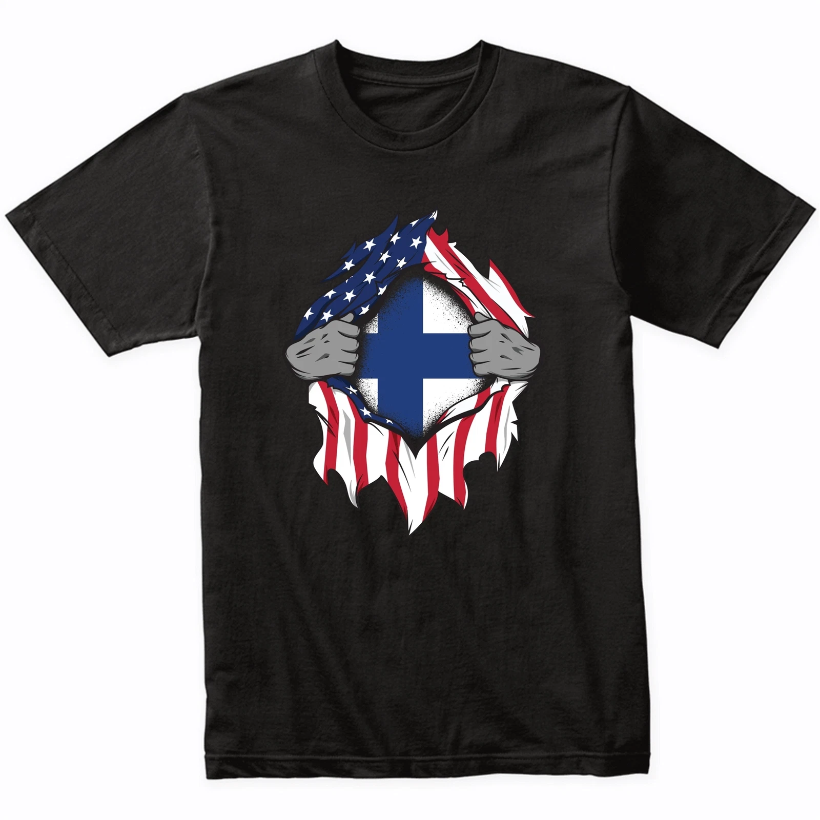 Finnish American Flags Hands Ripping Flag on Chest T-Shirt - Finland Flag Shirt