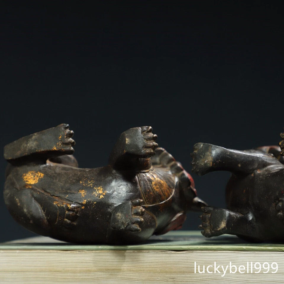 Antigua estatua de bestia león pareja dorada bronce dinastía Qing hecha a mano de China de 10" Foto 3 de 4