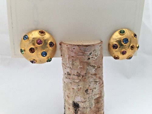 VTG SPUTNIK Clip Earrings pastel Crystals Hammered 18K gold plate - Picture 4 of 5