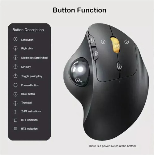 Mouse Trackball Bluetooth Wireless Ricaricabile Ergonomico Facile Controllo Pollice - Foto 5 di 8