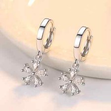Women Zircon Flower Dangle Drop Jewelry 925 Silver Hoop Huggie Earrings