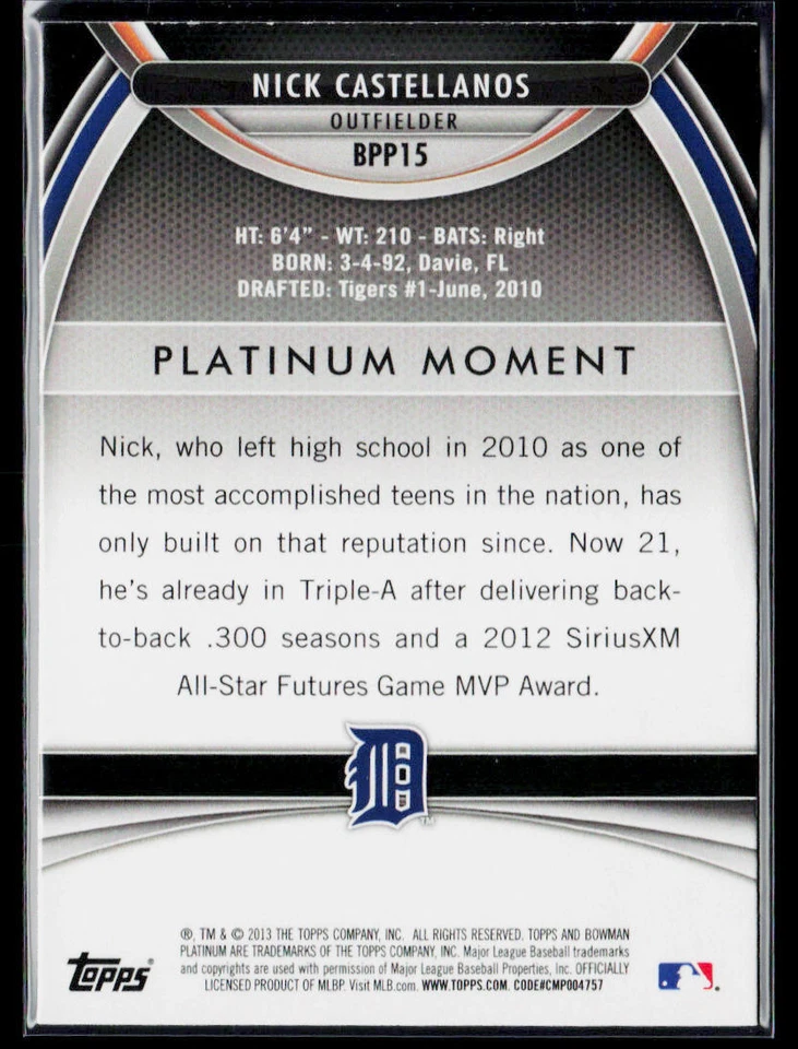 2013 Bowman Platinum #BPP15 Nick Castellanos Prospects - Image 2 of 2