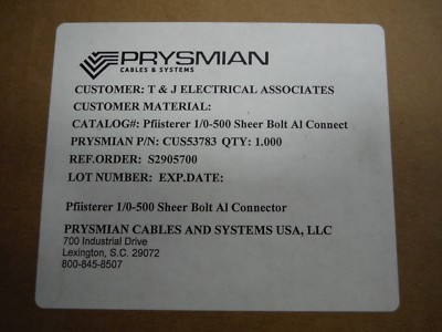 PRYSMIAN CABLE AND SYSTEMS Pfiisterer 1/0-500 Sheer Bolt AI Connect 15SFJCeC